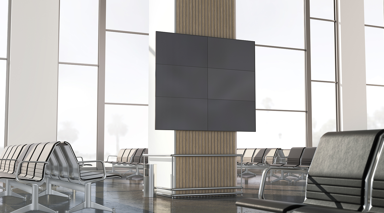 Blank Black Led Display In Airport Lounge Mockup, Side View, 3d